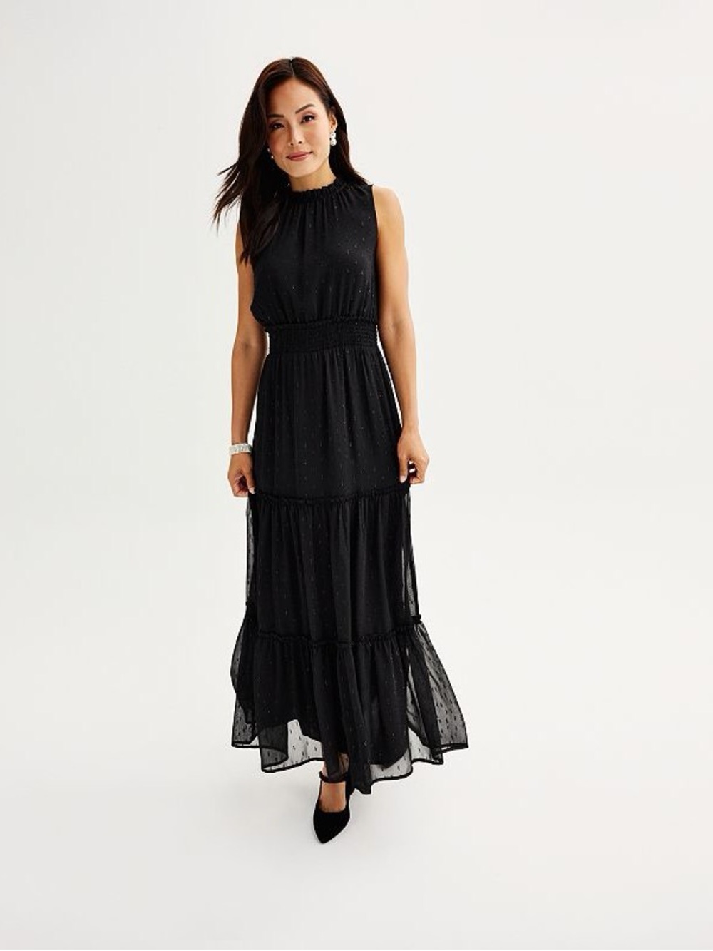 Draper James RSVP S Black Sleeveless Shine Clip Dot Tiered Maxi Dress